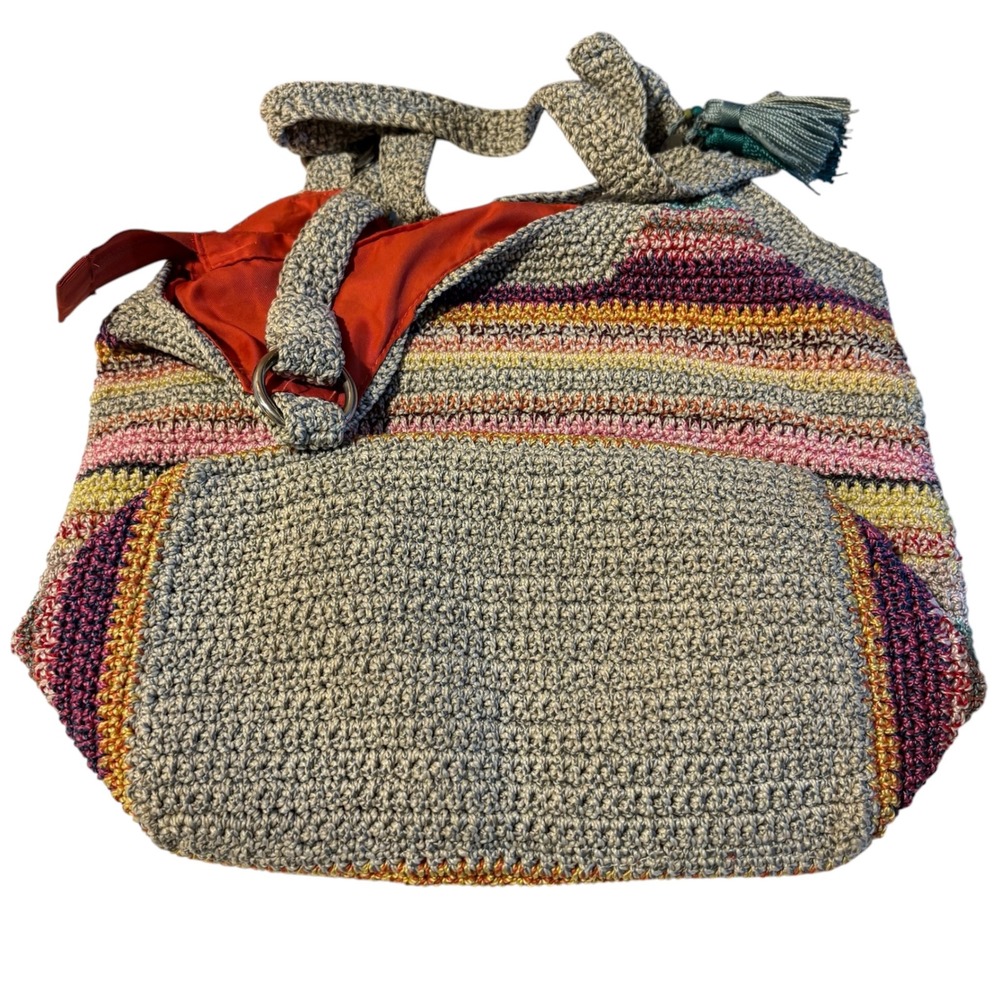 The Sak Striped Crochet Hobo Bag Multi Color Tassel Shoulder Tote Boho Retro - Picture 5 of 11
